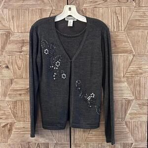 Vintage Unnecessary Essentials Sweater Charcoal Gray Size S Floral Beads